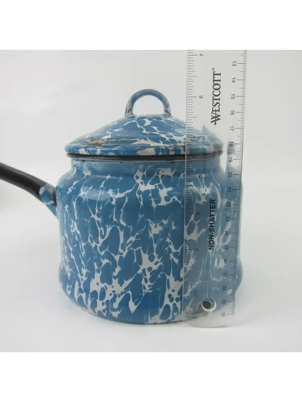 Antique Graniteware Enamelware Pot Blue & White Swirl with Lid Preserving Kettle - Picture 9 of 10